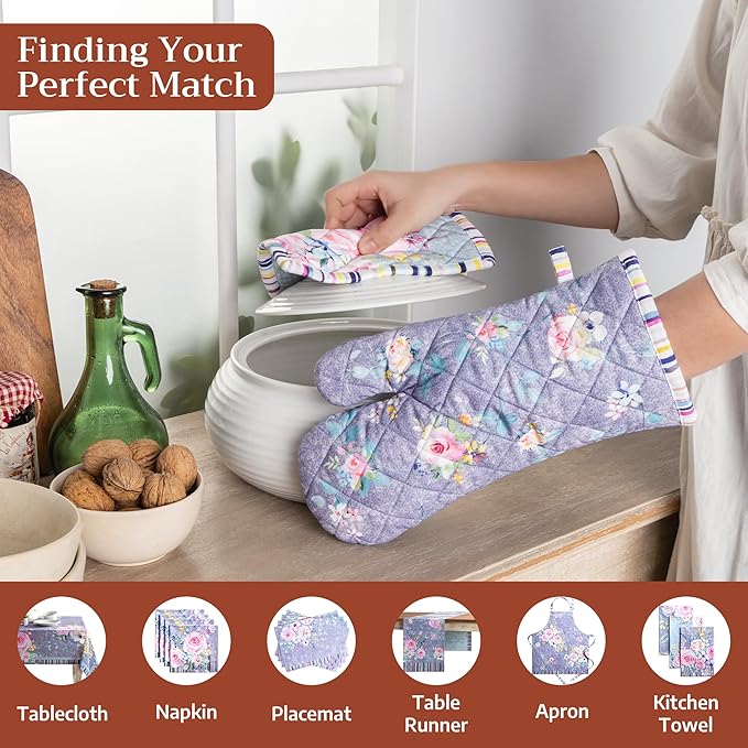 Maison d' Hermine 100% Cotton Oven Mitt & Pot Holder Set (7.5"x13" & 8"x8") Heat Resistant BBQ Cooking Gloves with Loop Grilling Kitchen Hotel Home Farmhouse Spring Summer (Sweet Rose Lavender - Lush)