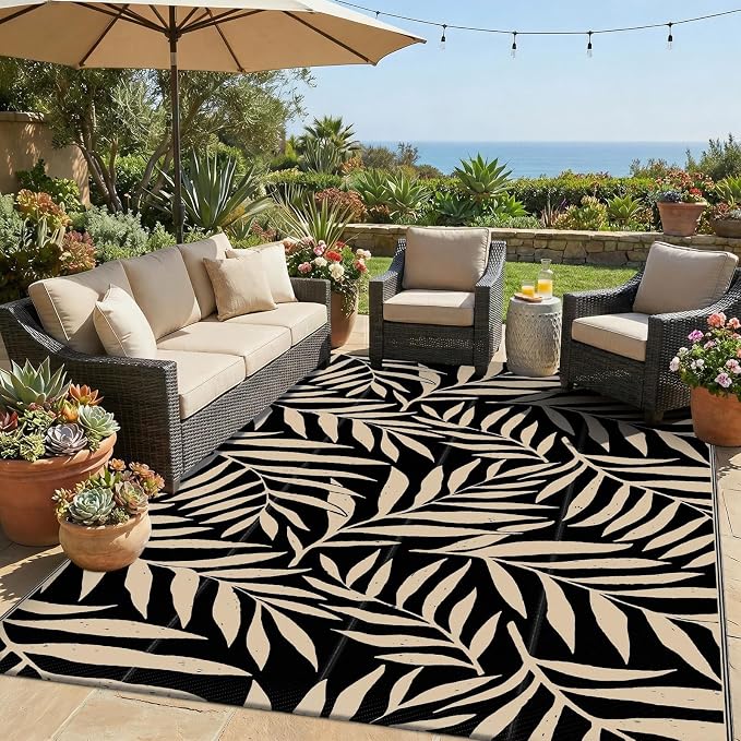 Smiry Outdoor Rug 5x8 ft Waterproof Reversible Leaf Mat, Black & Beige | Polypropylene Plastic Straw, Quick Drying, Lightweight Foldable, for Patio, Deck, RV Camping, Backyard and Indoor Outdoor Use