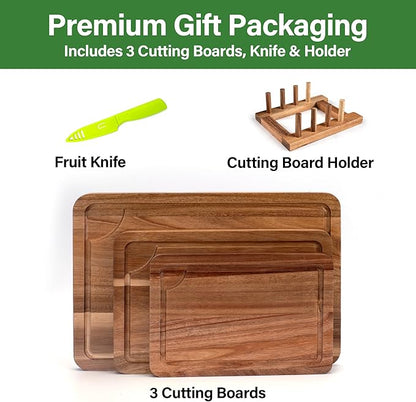 Wood Cutting Board For Kitchen, Wooden Cutting Board Set of 3 with Juice Groove, Double-Sided Chopping Board Serving Board for Meat, Vegetables and Cheese