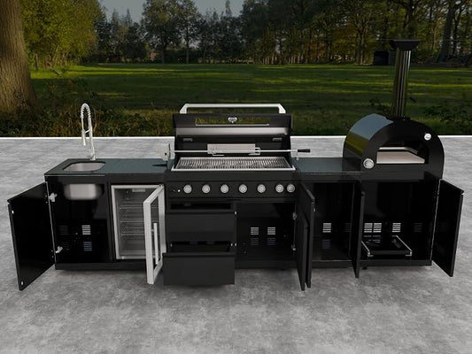 128"Outdoor Kitchen Island,Natural Gas Grill with Pizza Oven,120,000 BTU. | Stainless Steel Grill with Rotisserie,Refrigerator,Sink,Granite Countertop,Storage Cabinets & Drawers.Sleek Black Finish