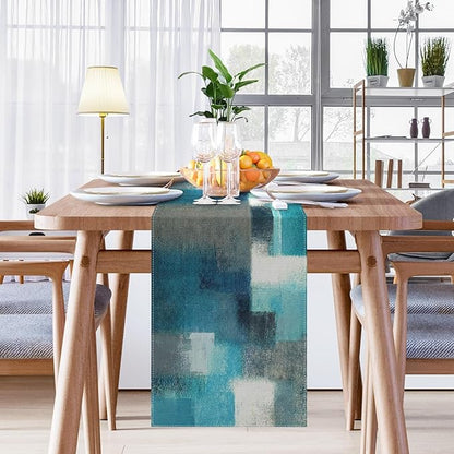 Emvency Farmhouse Table Runner, Modern Teal and Grey Abstract Art Painting for Kitchen Coffee Table Family Dinners Holiday Parties Wedding Events Decor(13x72 inch)