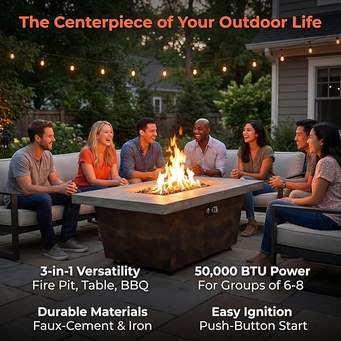 42x24 Inch Rectangle Propane Fire Pit Table 50000 BTU Cement-Imitating Outdoor Patio Heater with Lid & Volcanic Rock, Modern Fire Table for Backyard Garden