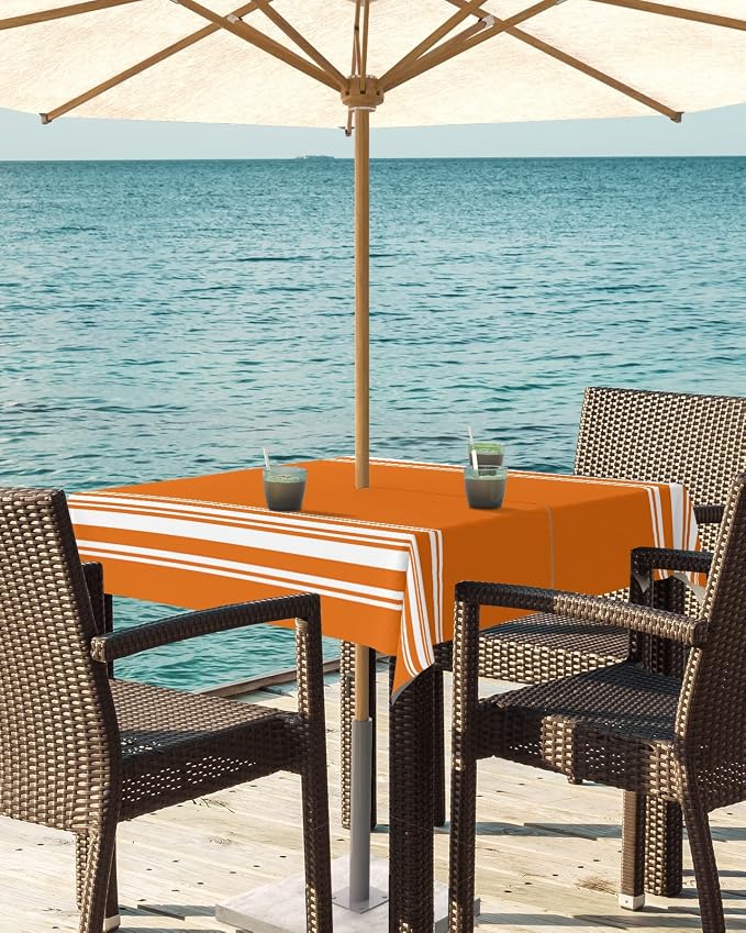 Queenker Fall Outdoor Tablecloth with Umbrella Hole, Farmhouse Orange White Stripe Square Tables Zippered Table Cloth Waterproof Tabletop Cover Collection for Patio, Garden, Picnic, Camping, Dining