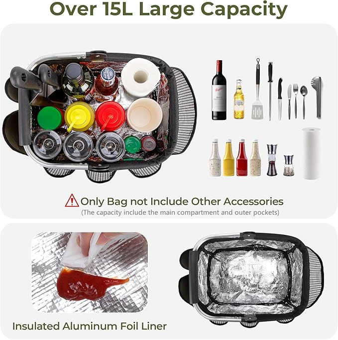 PGmoon Grill and Picnic Caddy, Foldable BBQ Tool Caddy with Rotated Handle, Multi-Pocket Grill Utensil Storage Bag for Outdoor Camping Picnic Patio Barbecue Accessories, Green