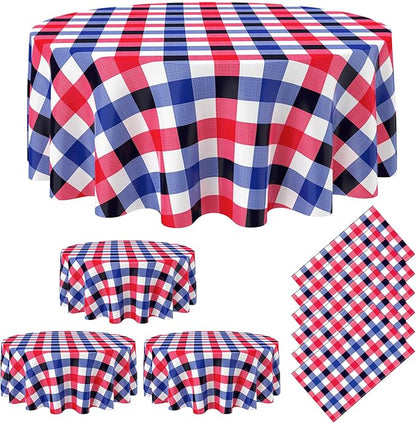 6 Pcs 4th of July Disposable Checkered Tablecloth Round Red White Blue Plastic Buffalo Plaid Independence Table Cloth 84'' Gingham Tablecover for Patriotic Picnic Camping BBQ Graduation Party