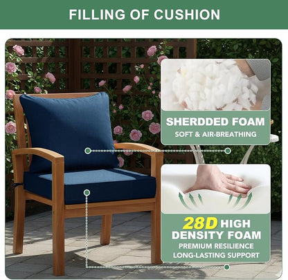Summsun Outdoor Chair Cushions, Faux Linen Backrest and Seat Cushion Set for Patio Furniture with Weather Resistant Removable Cover, Straps, Non-Slip Bottom, 19 x 19 Inch, Navy, Set of 2
