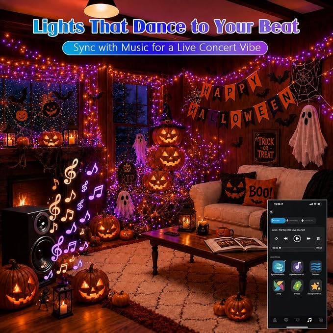 600LED 188FT Smart Color Changing Halloween String Lights RGB App & Remote | Music Sync, 16 Million DIY Colors, Timer & Memory, Waterproof Twinkle Lights Indoor Outdoor for Halloween Fall Decor