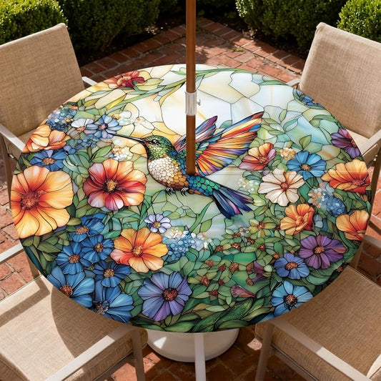 Outdoor Tablecloth with Umbrella Hole and Zipper Fits 49-52" Tables | Waterproof Round Fitted Tablecloth with Elastic Edge, Wipeable Outdoor Table Cover for Patio, Garden, Picnic
