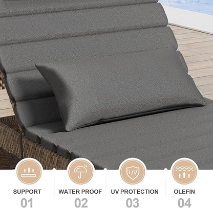 2 Sets of Outdoor Water-Resistant Olefin Chaise Lounge Cushions with Headrest and Pillow, Weather and Fade Resistant Foldable Quilted Lounge Chair Pads with Straps, Dark Gray, 73" L x 22" W