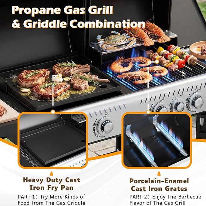 EROMMY Integrated design of baking tray and grill, Propane Grill with Side Burner, Porcelain-Enameled Cast Iron Grates, 646SQIN Large Cooking Area for Outdoor Patio Backyard Barbecue & Party Events