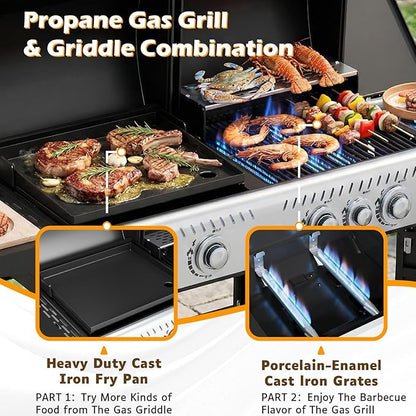 EROMMY Integrated design of baking tray and grill, Propane Grill with Side Burner, Porcelain-Enameled Cast Iron Grates, 646SQIN Large Cooking Area for Outdoor Patio Backyard Barbecue & Party Events