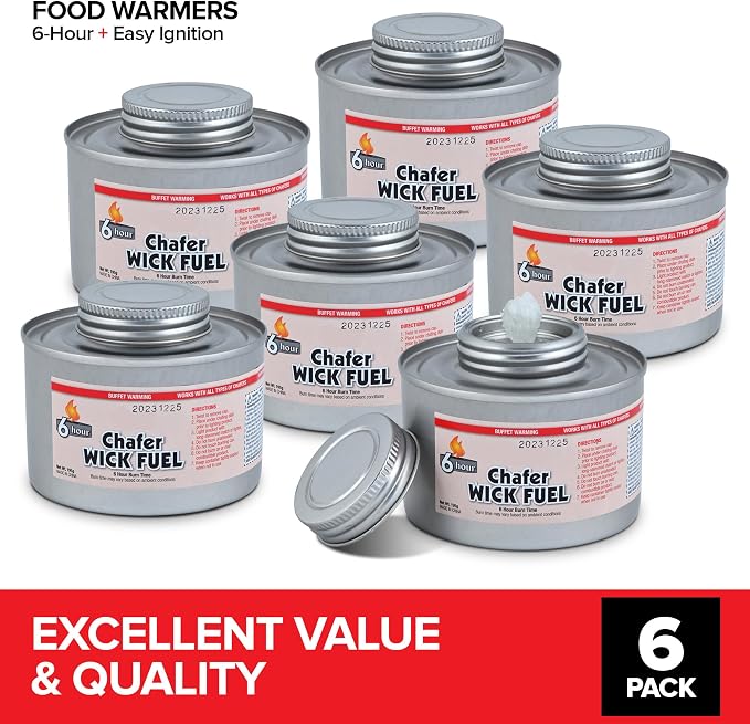 6-Hour Food Warmers for Parties (6 Pack), Chafing Fuel Cans with Wick and Safety Twist Cap, Catering Food Warmers for Buffets, Parties, Weddings, Long Lasting Burners for Food Warmer, Food Heater