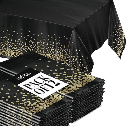 Prestee 12-Pack Black and Gold Dots Disposable Tablecloths – 108x54 Inch Waterproof Plastic Table Covers – Elegant, Heavy-Duty Party Tablecloths for Weddings, Birthdays, Holidays, and Events