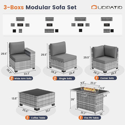 UDPATIO Patio Sectional Sofa with Fire Pit Table, 8 Inch Armrest 7-Piece Wicker Conversation with Waterproof Cover for Backyard Deck, Grey/Dark Grey