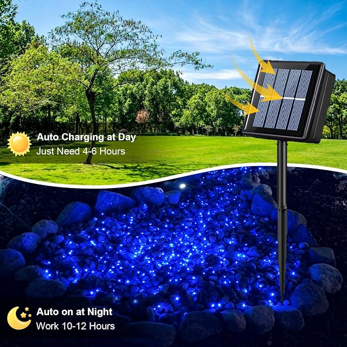 QITONG 2 Pack Blue Solar String Lights Outdoor Waterproof, Each 33ft 100 LED Christmas Light, 8 Modes Green Wire Blue Lights for Pool Garden Patio Yard Tree Party Wedding