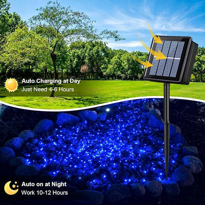 QITONG 2 Pack Blue Solar String Lights Outdoor Waterproof, Each 33ft 100 LED Christmas Light, 8 Modes Green Wire Blue Lights for Pool Garden Patio Yard Tree Party Wedding
