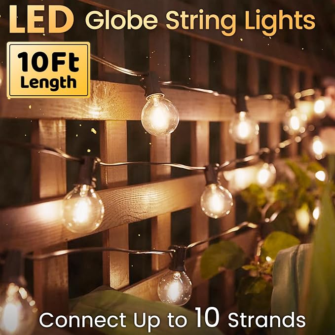 10FT Outdoor String Lights - LED Patio Lights Waterproof G40 Plastic Globe Bulbs, Connectable Shatterproof Hanging Outdoor Lights for Indoor Backyard Yard Gazebo Porch Party Decor