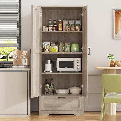 Shintenchi Kitchen Pantry Cabinet, Freestanding Farmhouse Storage Cabinet with 4 Shelves and 1 Drawer, Tall Cupboard for Kitchen, Living Room, Dining Room and Bathroom, Ash Gray
