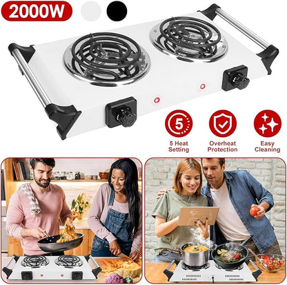 Moclever Hot Plate Electric Stove, 2000W Portable Cooking Stove w/Cooling Handle, 5 Levels of Adjustable Temperature, Countertop Burners Dual Coil Burner for Home RV Camping, Fits All Cookware