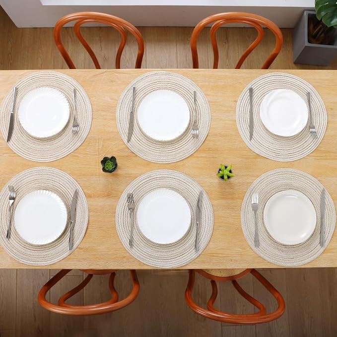 SHACOS Round Placemats Set of 6 Braided Circle Place Mat Washable 15 inch Table Mats for Kitchen Dining Table Decor Mixed Color (Ivory, 6)