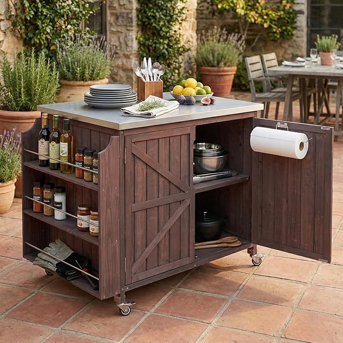 Outdoor Kitchen Island with 4 Locking Wheels, 42” Stainless Steel Top Grill Prep Station, Solid Fir Wood Storage Cabinet with 3-Tier Side Shelf and Adjustable Rack for Patio and BBQ, Brown