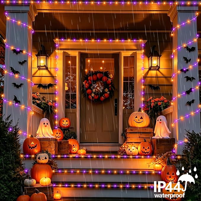 YEGUO Solar Halloween Lights Outdoor Waterproof, 66ft 200 LED Purple and Orange Solar Rope Lights, 8 Modes Fairy Lights in Clear Thin Tube
