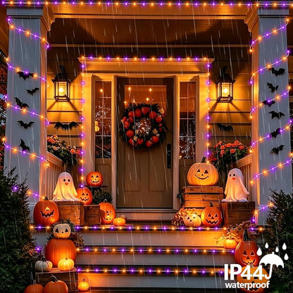 YEGUO Solar Halloween Lights Outdoor Waterproof, 66ft 200 LED Purple and Orange Solar Rope Lights, 8 Modes Fairy Lights in Clear Thin Tube