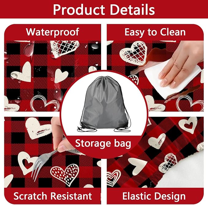Valentines Day Picnic Table Cover with Bench Covers, Camping Essentials, Heart Buffalo Plaid Outdoor Table Covers, Waterproof Windproof, Fitted Tablecloth Cover with Elastic Edge, 3 PCS, 30x60 Inch