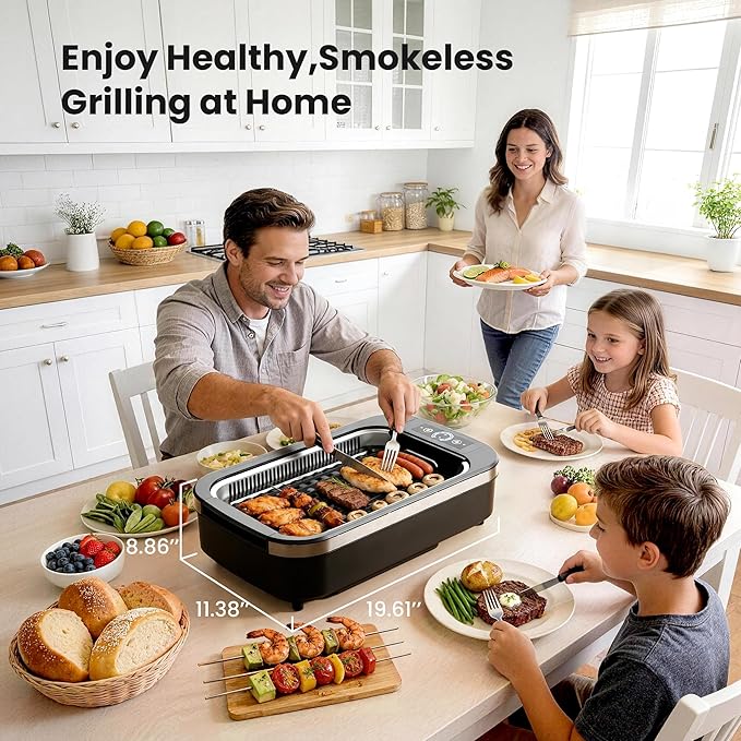 Kismile Smokeless Indoor Grill, 1500W Electric Grill with 6-Level Temp Control, Korean BBQ Grill with Glass Lid, Compact & Portable, Non-Stick Grill Plate, Auto Shut Off & Dishwasher Safe