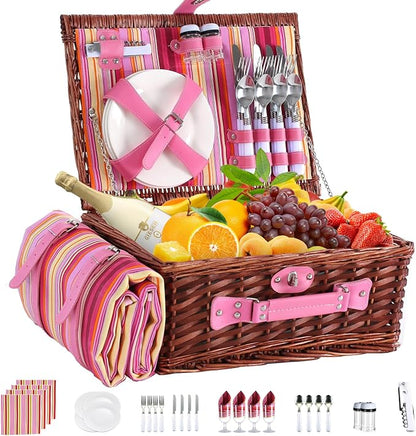 Wicker Picnic Basket Set for 4, Blanket, Cooler Bag, Pink Stripes | Four-Person Wicker Set Includes Tableware, Insulated Food Storage and Waterproof Blanket for Parks, Camping, Dates and Gifts