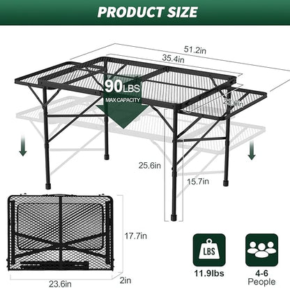 WildFinder Folding Table with 2 Wing Panels, 3x2 FT Camping Table with Mesh Desktop,Height Adjustable Folding Grill Table with Mesh Bag,Portable Outdoor Table for Picnic,Camping,BBQ,Beach(Black)