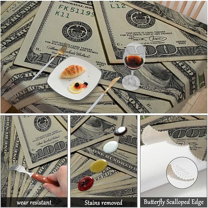 Swono US Dollar Tablecloth Money Hundreds of 100 Dollar Bills Decorative Table Cover for Home, Kitchen, Picnic, Party Banquet and Holiday Tablecloth, 52x70 Inch(4-6 Seats)