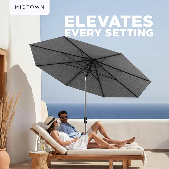 Midtown Umbrellas – The Lean 10 Ft Patio Umbrella with 10-Year-No-Fade Acrylast Acrylic Fabric, Auto-Tilt and 8 Reinforced Ribs for Deck, Pool, Garden, Hotel & Cafes – Stonecast Grey Canopy, Black Pole