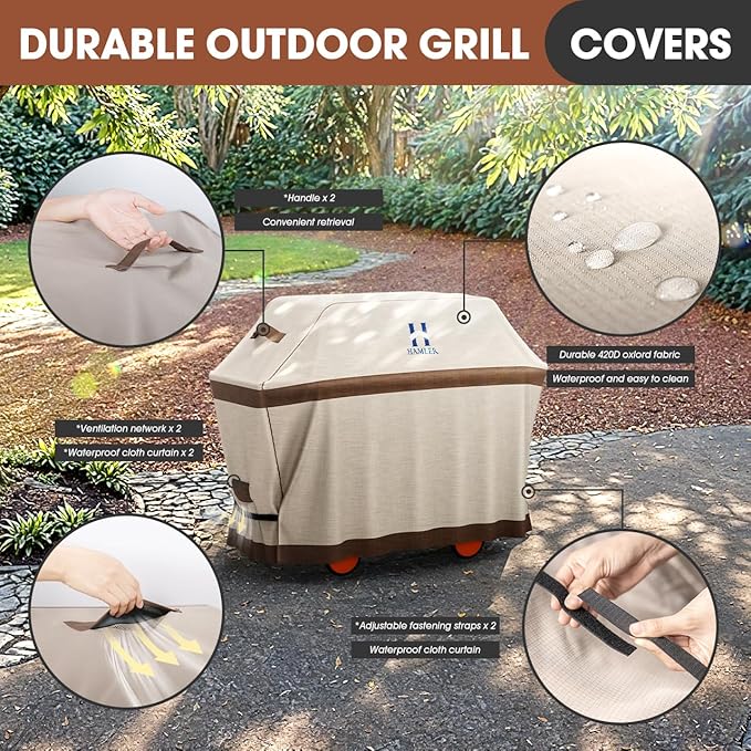 HAMLER Grill Cover 58 Inch, Heavy Duty Waterproof BBQ Covers, Gas Grill Covers Fits Weber Spirit, Weber Genesis, Char-Broil, Nexgrill, Brinkmann, Brown & Beige
