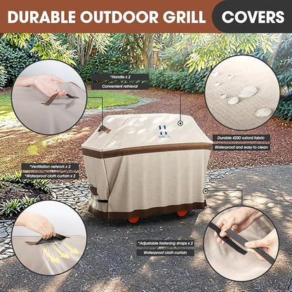 HAMLER Grill Cover 58 Inch, Heavy Duty Waterproof BBQ Covers, Gas Grill Covers Fits Weber Spirit, Weber Genesis, Char-Broil, Nexgrill, Brinkmann, Brown & Beige