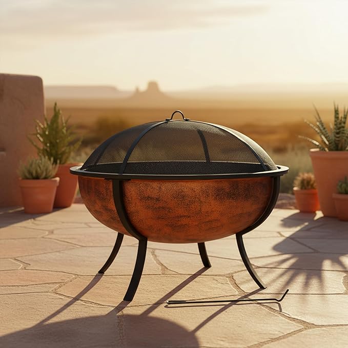 Sunnydaze 32-Inch Fire Pit for Outside - Wood-Burning Fire Pit Bowl with Spark Screen, Wood Grate, and Poker - Copper