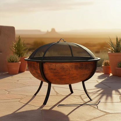 Sunnydaze 32-Inch Fire Pit for Outside - Wood-Burning Fire Pit Bowl with Spark Screen, Wood Grate, and Poker - Copper
