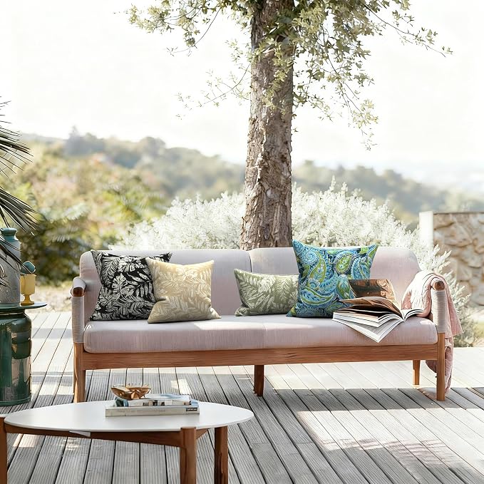 LVTXIII 2 Pack Outdoor Throw Pillow Covers for Patio Furniture, 16x16 Inch Square Pillow Case, Water-Repellent Cushion Covers for Garden, Porch, Sofa, Tropical Leaf Oat