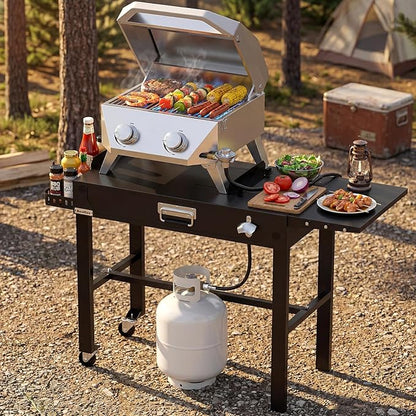 BESTFIRE 2-Burner Tabletop Propane Grill with Foldable Grill Cart, Portable Gas BBQ Station with Wheels & Prep Table, Dual-Fuel Setup for 1lb & 20lb Tanks, Stainless Steel Outdoor Kitchen for Camping
