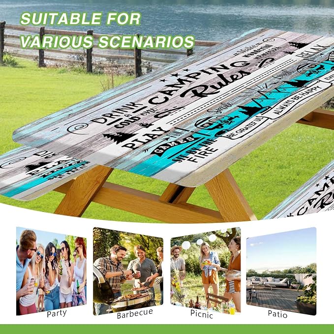 JAWO Turquoise Wood Grain Camping Rules Quote Picnic Table Cover with Bench Covers, Camper RV Essentials Gear Supplies Outdoor Waterproof Windproof Tablecloth with Elastic, 30x72 Inch