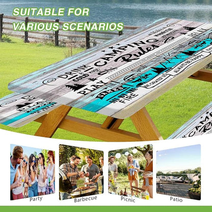 JAWO Turquoise Wood Grain Camping Rules Quote Picnic Table Cover with Bench Covers, Camper RV Essentials Gear Supplies Outdoor Waterproof Windproof Tablecloth with Elastic, 30x72 Inch