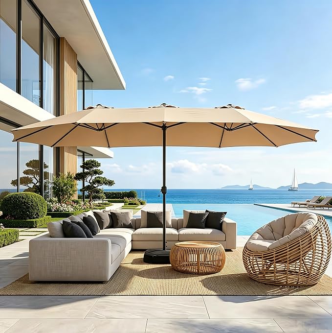 15ft Patio Umbrella with Base, 10-Year-No-Fade Large Outdoor Double-Sided Market Umbrella with UPF50+Terylene Polyester Fabric and Crank for Poolside Garden Deck Backyard Beach Pools