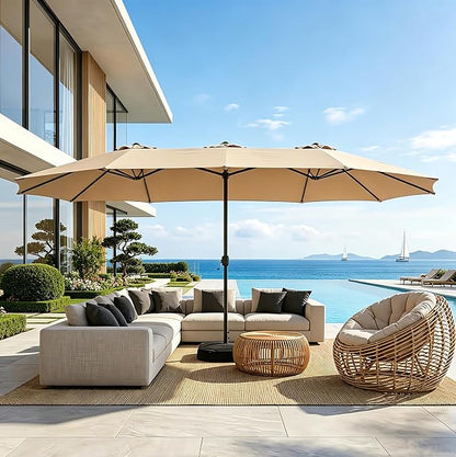 15ft Patio Umbrella with Base, 10-Year-No-Fade Large Outdoor Double-Sided Market Umbrella with UPF50+Terylene Polyester Fabric and Crank for Poolside Garden Deck Backyard Beach Pools