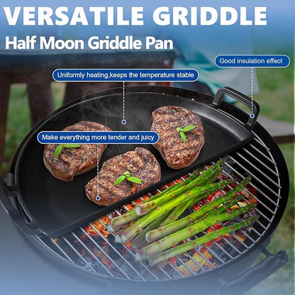 SafBbcue Cast Iron Half Moon Griddle Pan for Weber 22" Kettle Charcoal Grill Parts, Half Moon Cooking Grate for Slow n Sear, VEVOR, Kamado, Big Green Egg 22" Charcoal Kettle Grill Accessories