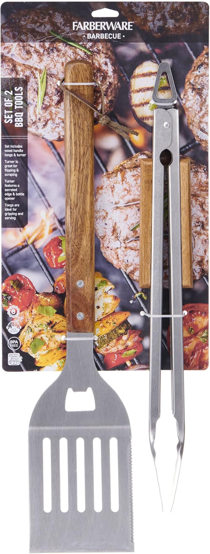 Farberware BBQ Wood Tools, Set of 2, Wood and Stainless Steel