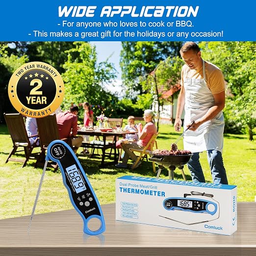 Digital Meat Thermometer for Cooking - Comluck CA002 Instant Read Meat Thermometer for Grilling and Smoking 2-in-1 Dual Probe Oven Safe Food Thermometer with Alarm for Grill BBQ Steak Turkey