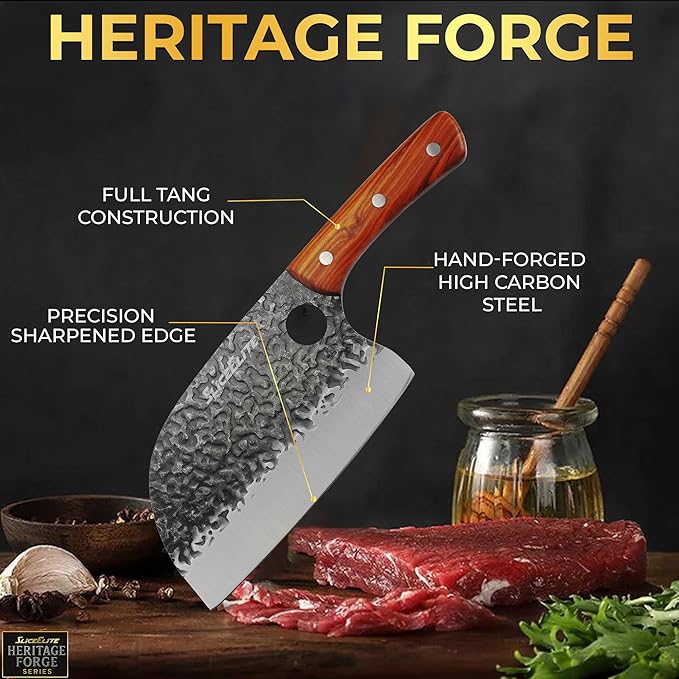 SliceElite Heritage Forge Series 2PCS Hand-Forged Serbian Chef & Viking Duo Kitchen Tool Meat Cleaver Chopping Knife Outdoor Cooking BBQ Butcher Set Forged Cooking Knives Great Knife for Men and Women