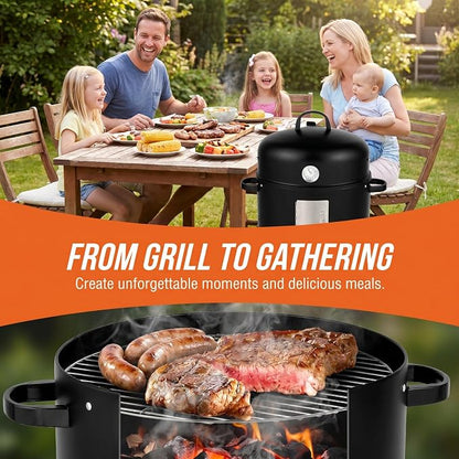 BBQ Charcoal Grill, Vertical Barrel Smoker with Double Cooking Grates, Built-In Thermometer and Air Vent, Portable Outdoor Grill for Backyard BBQ, Camping and Parties, Black