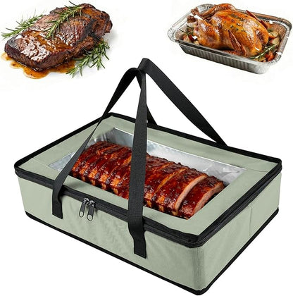 BANGIE BBQ Meat Resting Blanket & 9x13 Foil Pan Carrier - Leakproof Insulated Casserole Transport Bag with Visual Window, Rigid Hard Bottom - Birthday Father's Day Grilling Gifts for Men, Dad,Green