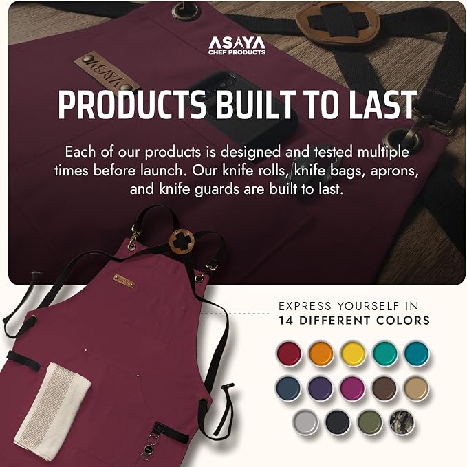 Asaya Chef and BBQ Apron with Bottle Opener and Hand Towel - 10oz Cotton Canvas, Stainless Steel Hardware - Cross Back Straps